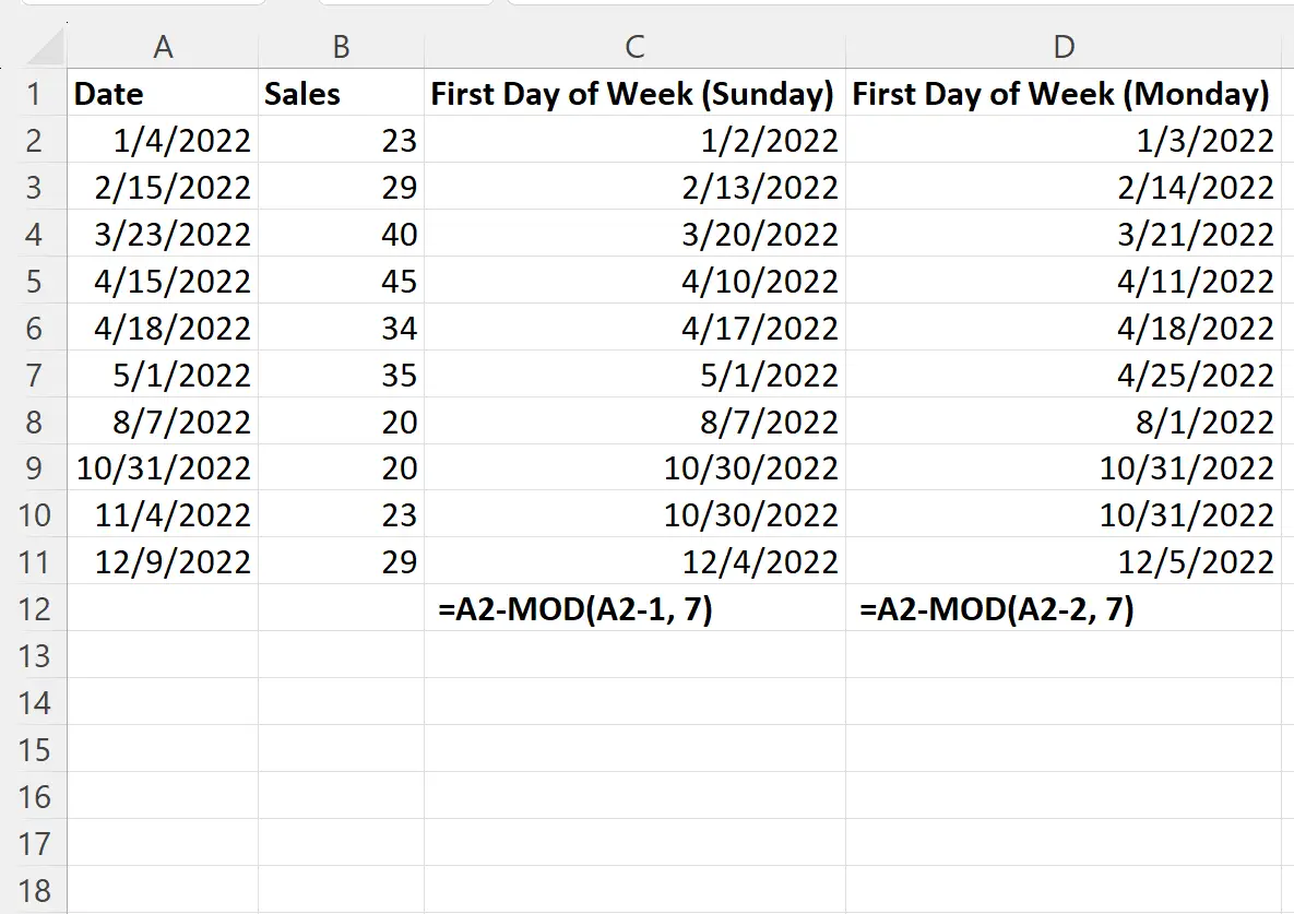 Excel mendapat hari pertama dalam seminggu