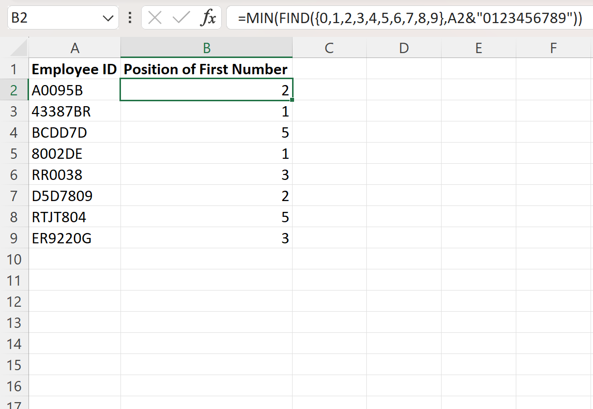 Excel trova la posizione del primo numero nella stringa