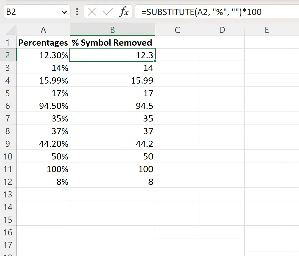 Excel menghapus simbol persen