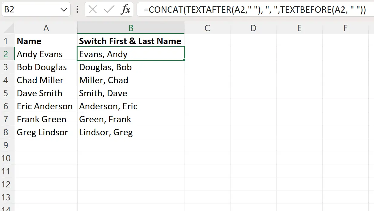 Excel mengubah nama depan dan belakang dengan koma