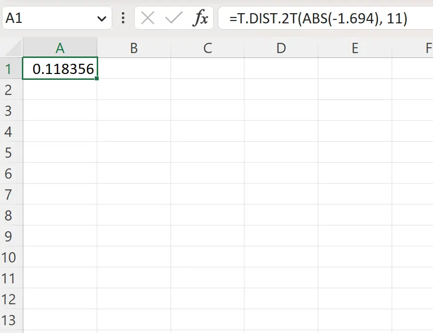 nilai p untuk tes dua sisi di Excel