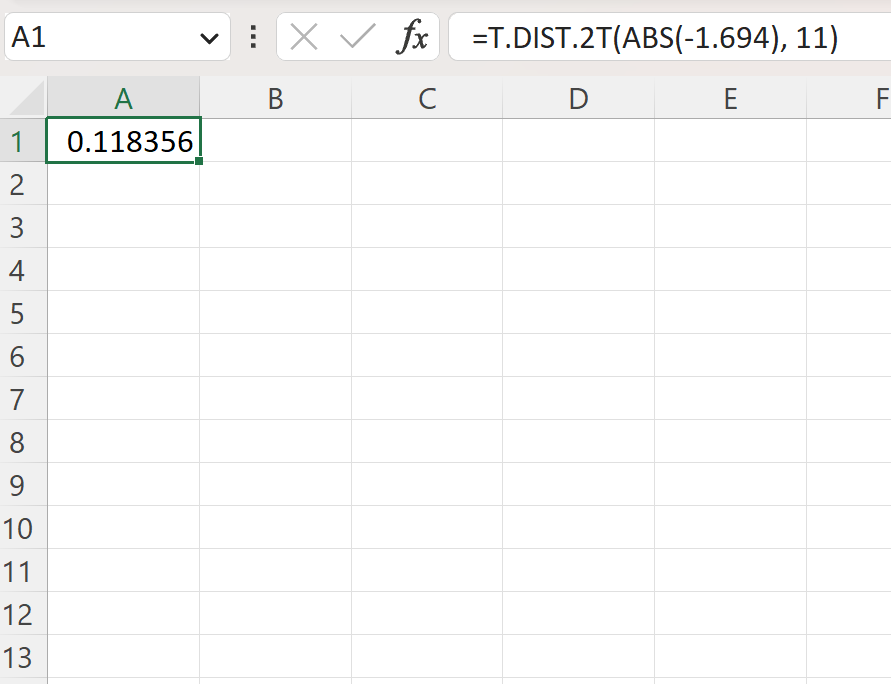 Excel 中双尾检验的 p 值