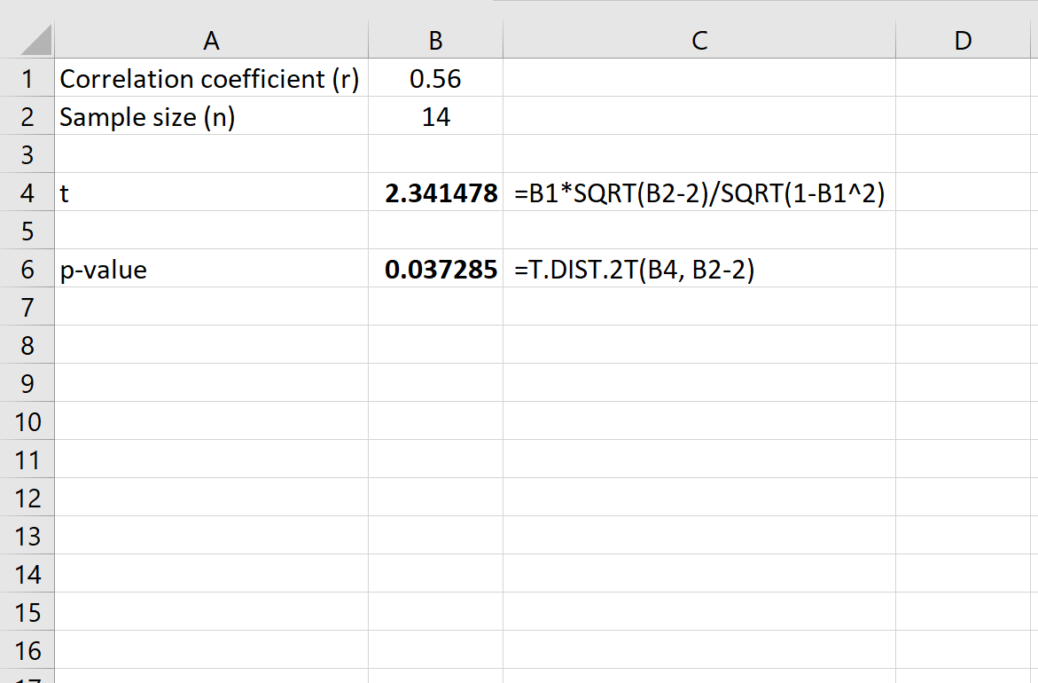 Valeur P pour un coefficient de corrélation dans Excel