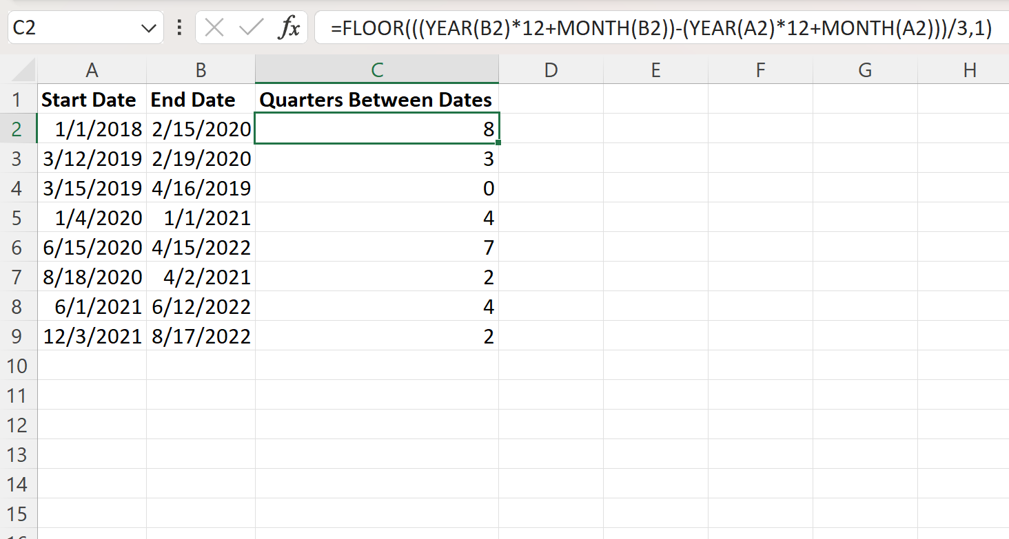 Número Excel de trimestres entre duas datas