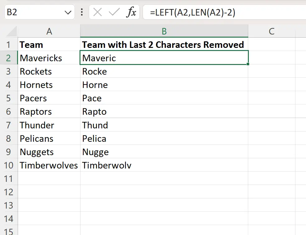 Excel menghapus 2 karakter terakhir dari string