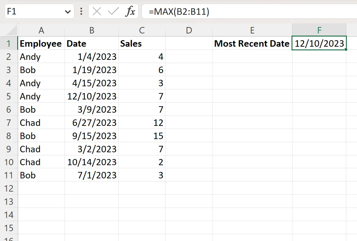 Excel で最新の日付を検索する