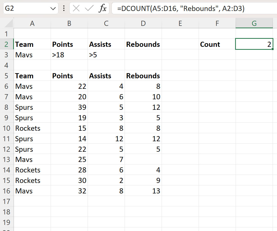Fungsi Excel DCOUNT dengan berbagai kondisi
