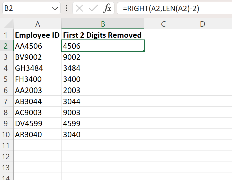 Excel remove os 2 primeiros dígitos