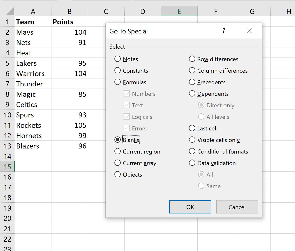 sostituire gli spazi vuoti con zero in Excel
