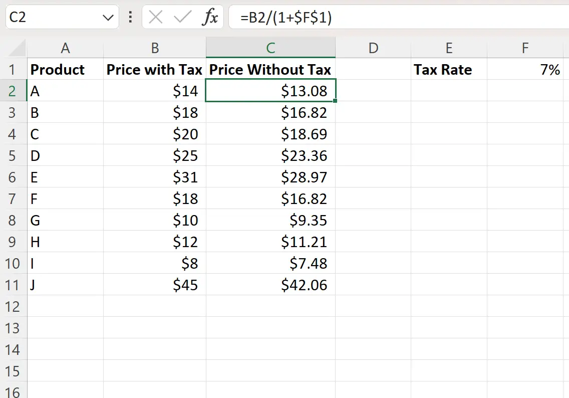 Calcul du taux d'imposition inversé sur Excel