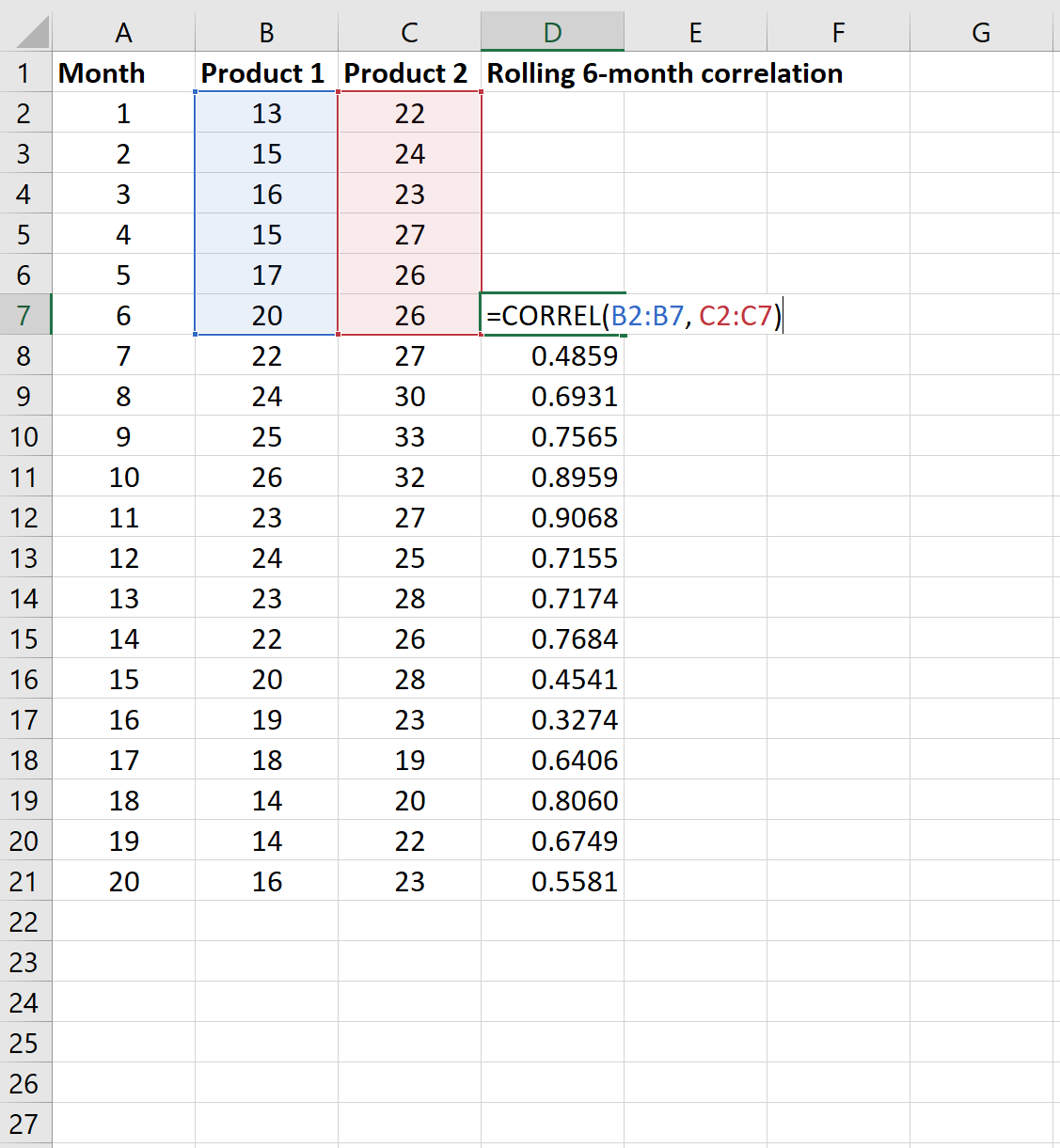 Korelasi bergulir 6 bulan di Excel