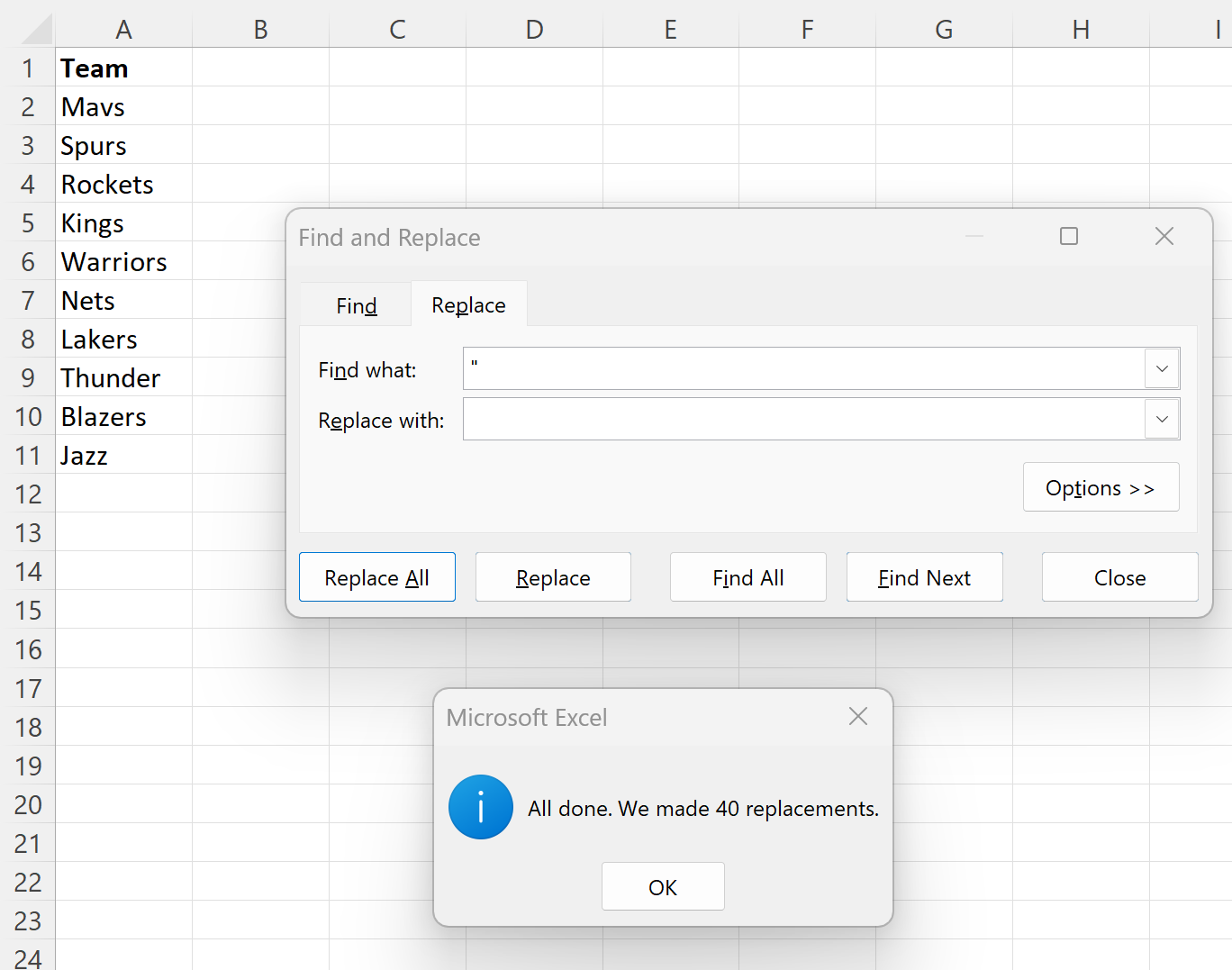Excel supprime les guillemets à l'aide de Rechercher et remplacer