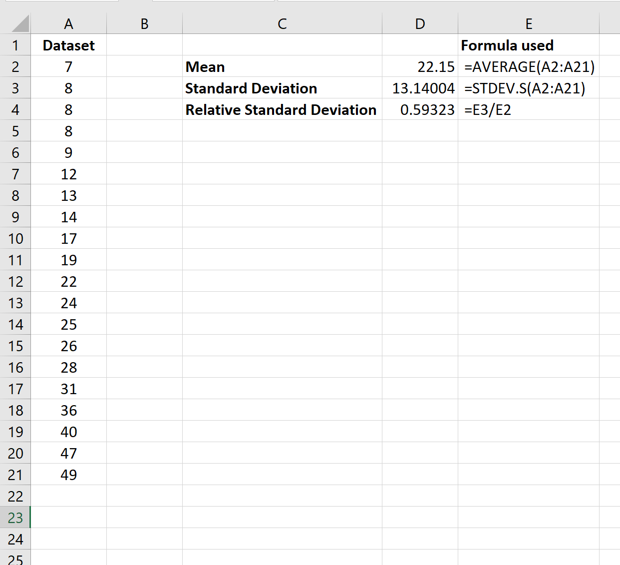 Deviazione standard relativa in Excel