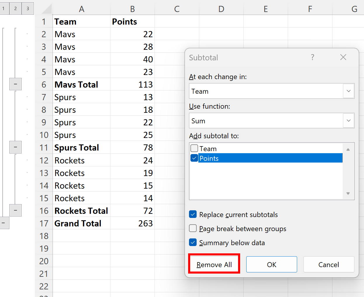 Excel supprime les sous-totaux