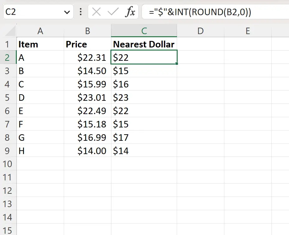 Excel membulatkan ke dolar terdekat dan tidak menampilkan sen