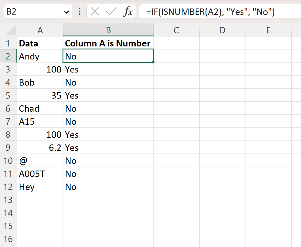 Excel memeriksa apakah sel adalah angka