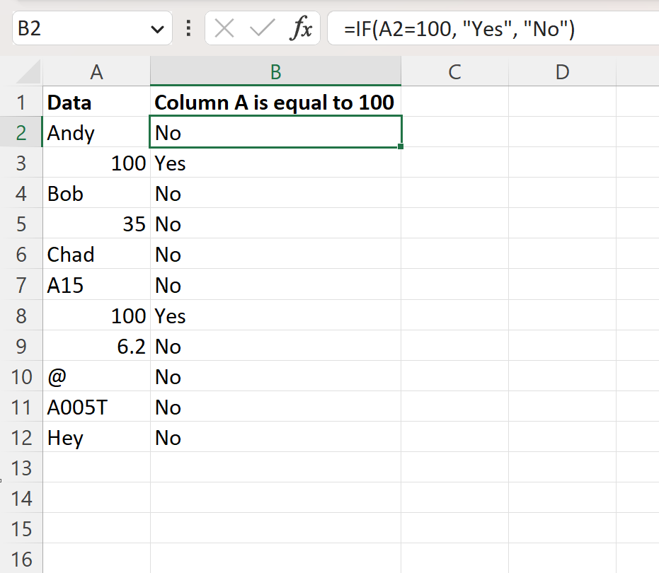Excel memeriksa apakah sel sama dengan angka tertentu