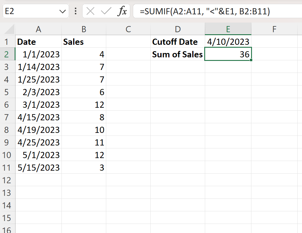 Excel SUMIF avant la date