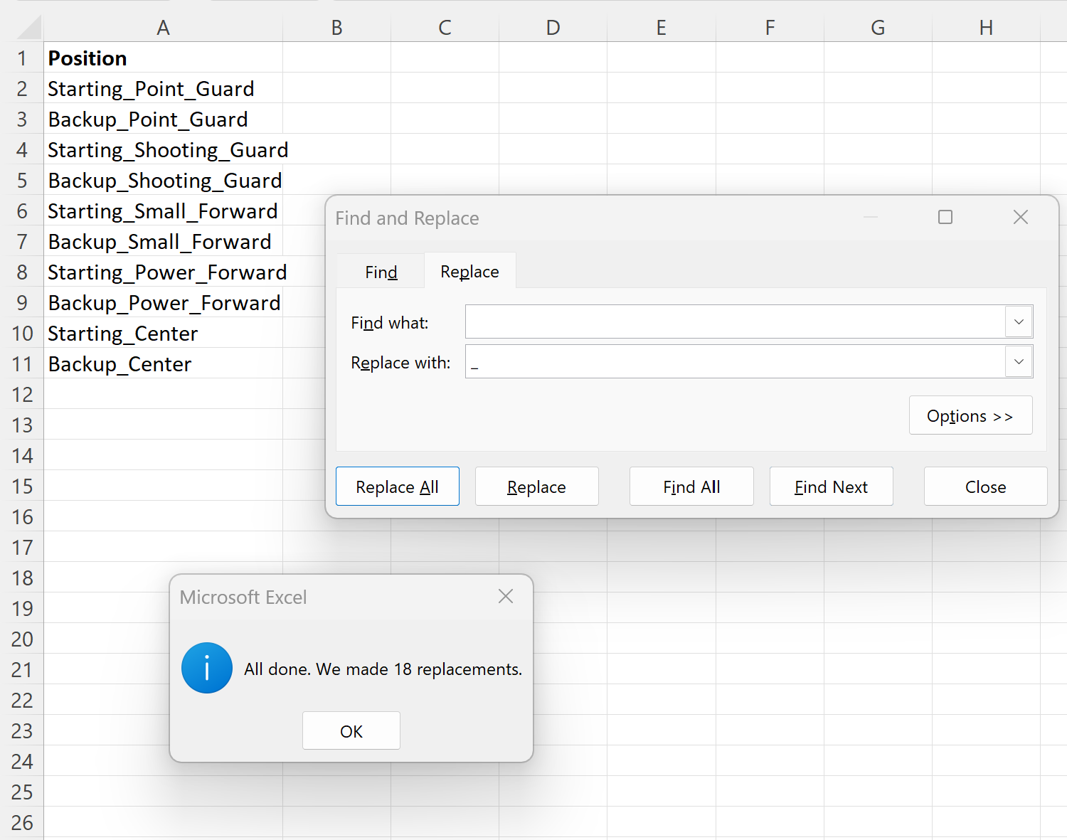 Excel substitui espaço por sublinhado usando Localizar e Substituir
