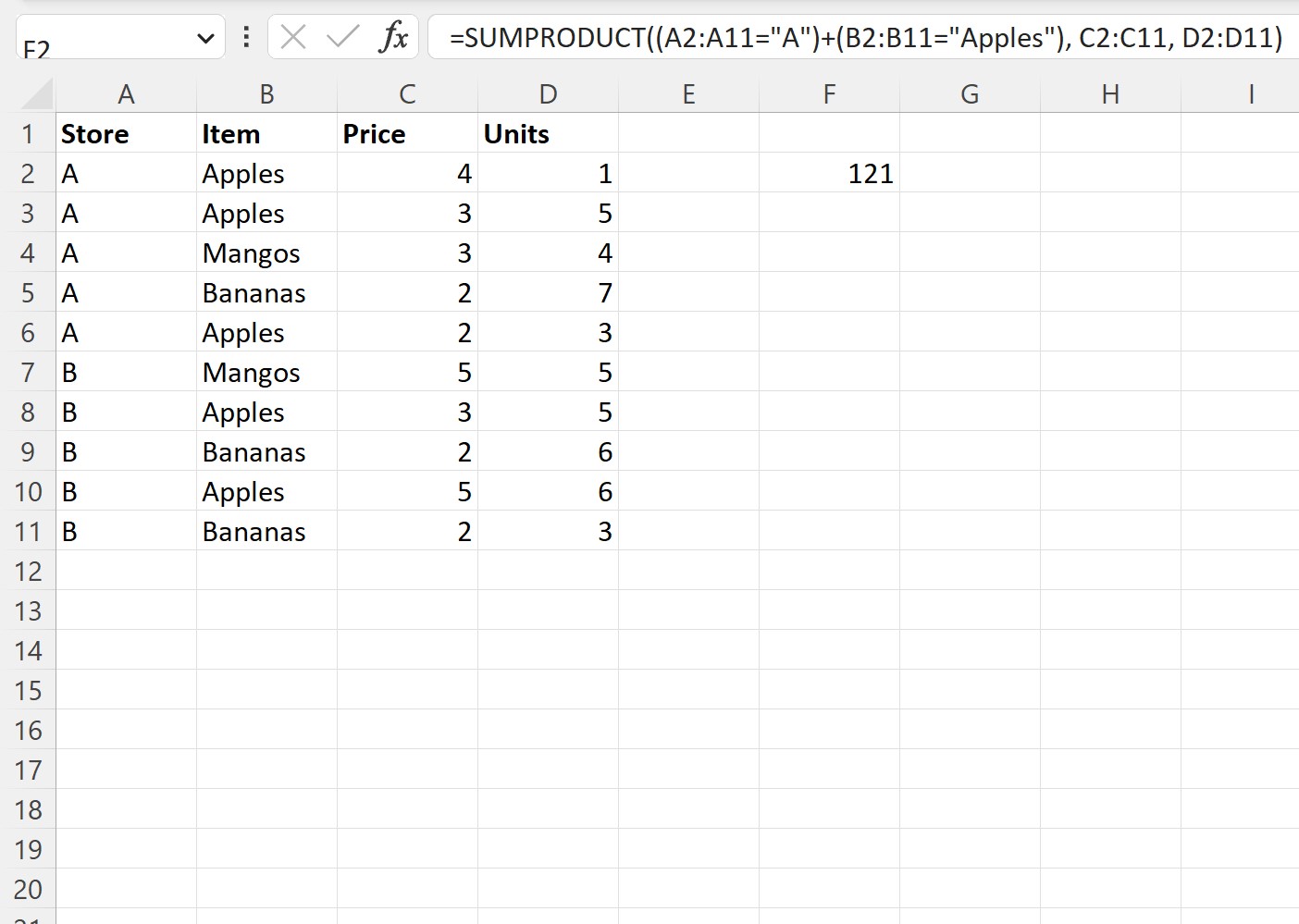 Excel SUMPRODUCT com múltiplas colunas com condição OR