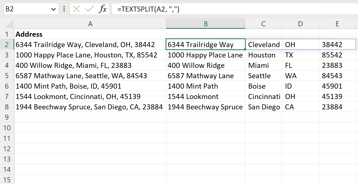 Adresse Excel divisée en plusieurs cellules