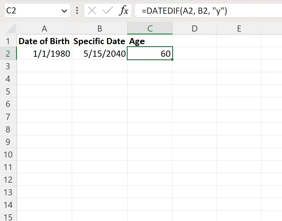 Excel berekent de leeftijd vanaf een specifieke datum