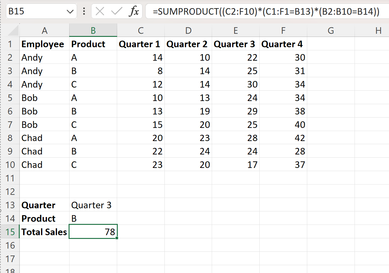行と列の条件を含む Excel SUMPRODUCT