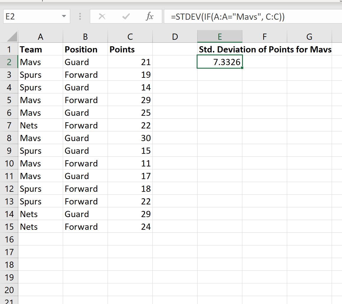 formule d'écart type IF dans Excel
