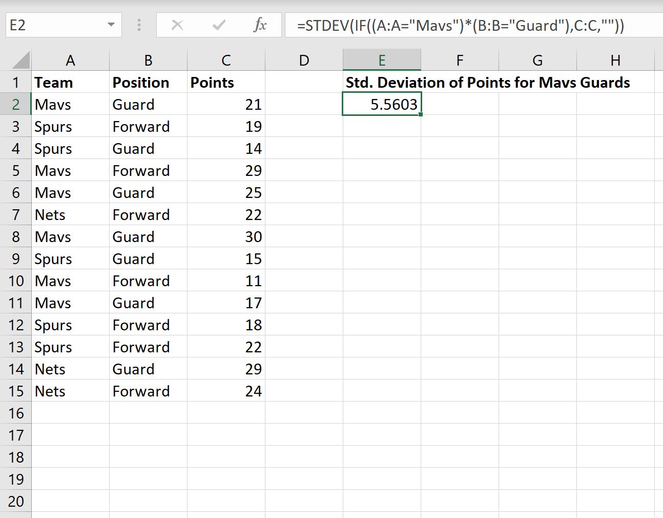 Fórmula Excel de desvio padrão IF com vários critérios