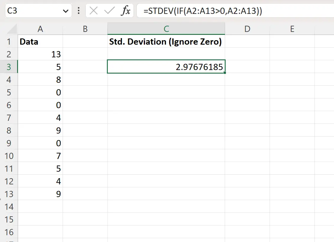Excel calcula o desvio padrão e ignora zero