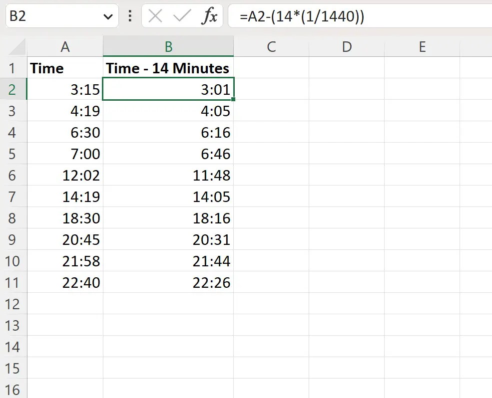 Excel soustrait les minutes du temps à l'aide d'une formule mathématique