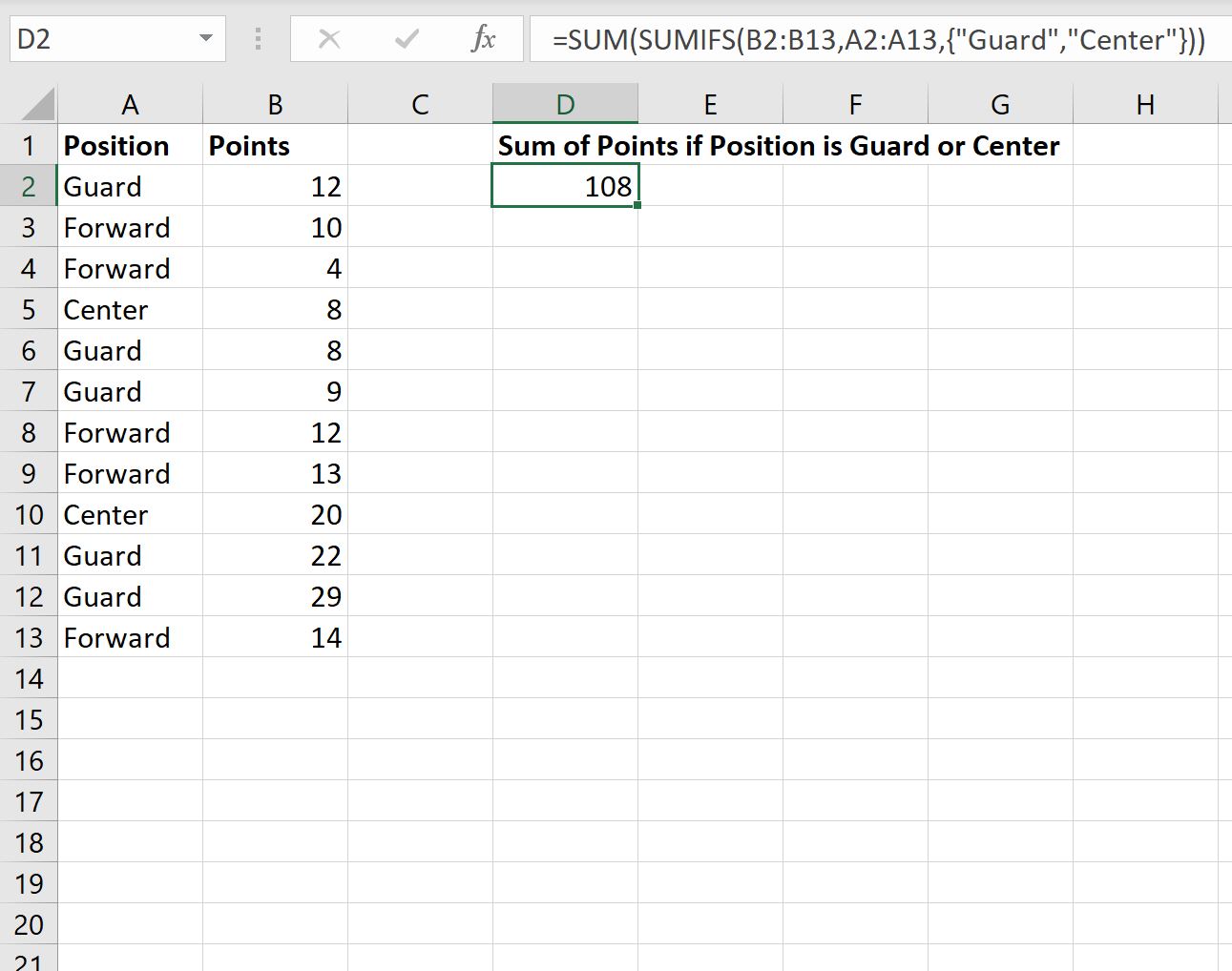 SUMIFS Excel dengan beberapa kriteria dalam kolom yang sama