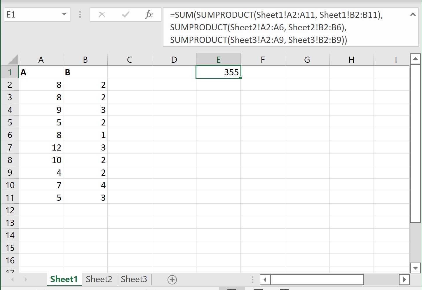 複数のシート上の Excel SUMPRODUCT