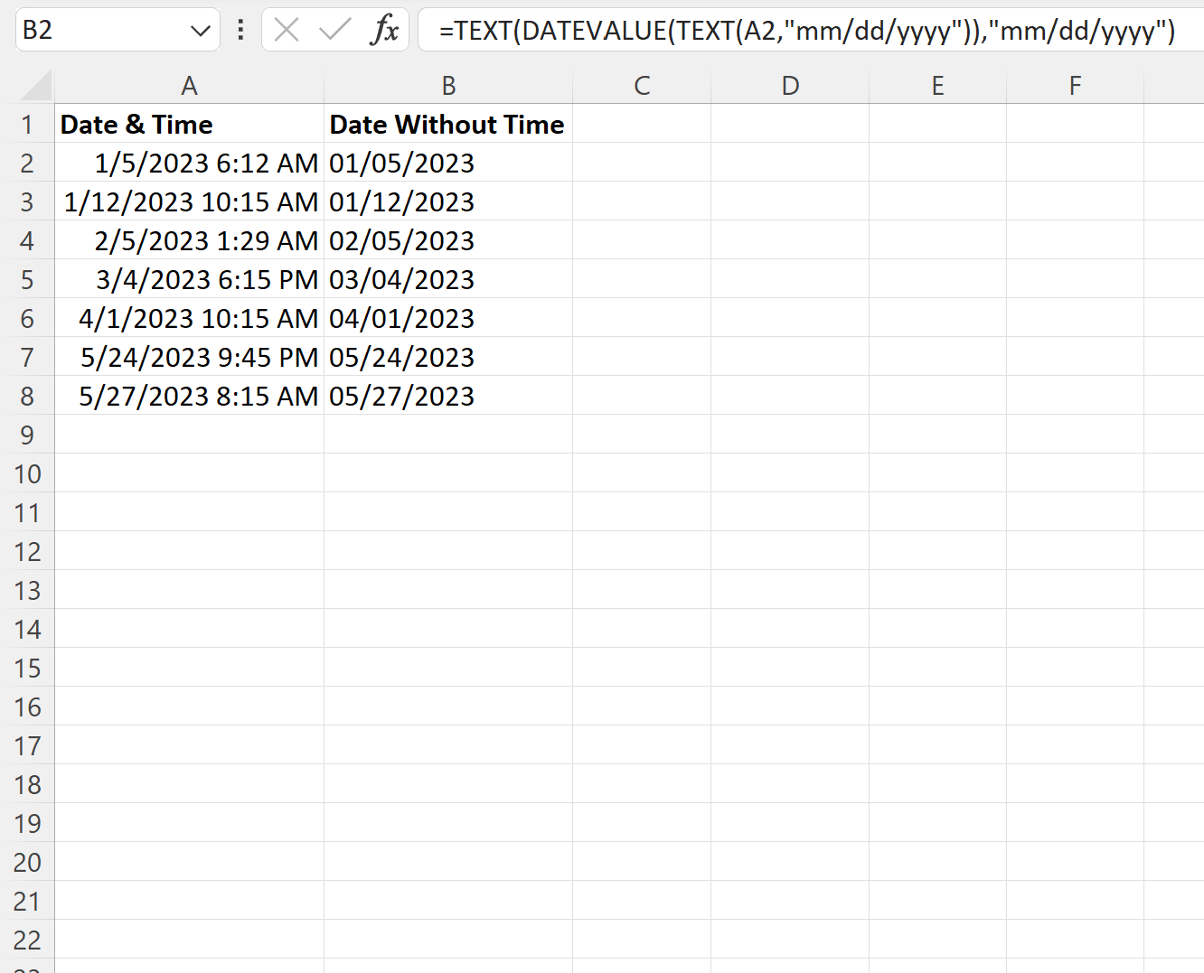 Excelは日付から時間を削除します