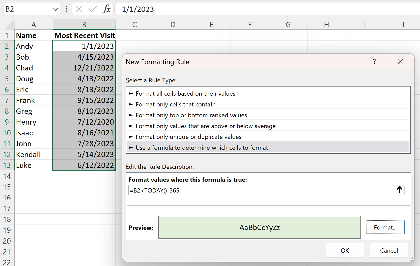 Excel の条件付き書式設定の 1 年以上前の日付