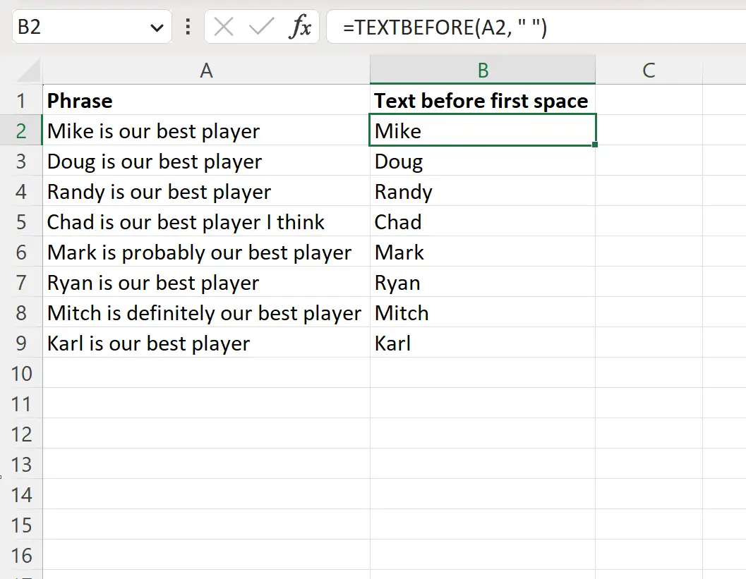 Excel mengekstrak teks sebelum spasi pertama menggunakan fungsi TEXTBEFORE