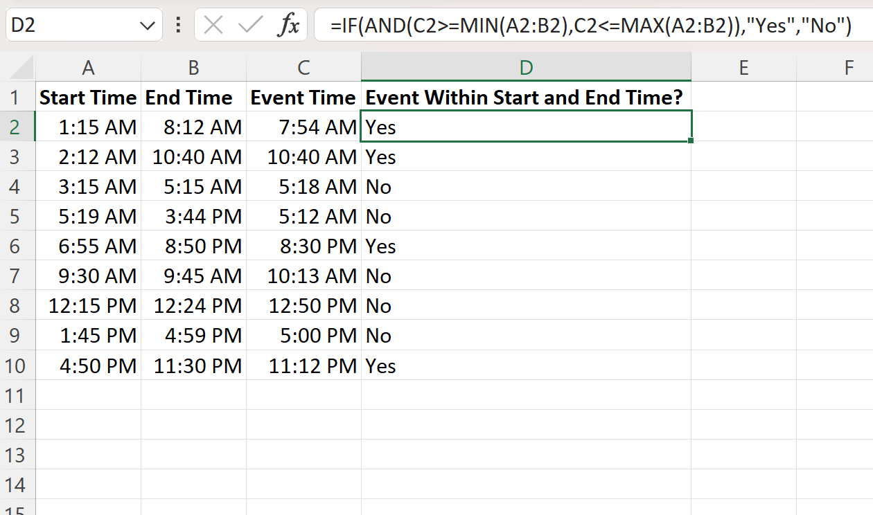 Excel vérifie si le temps est compris entre deux heures