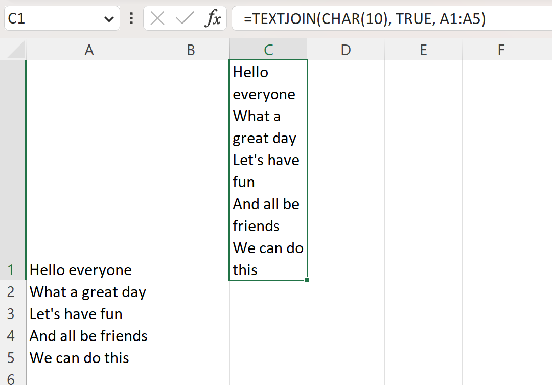 Funzione TEXTJOIN di Excel con interruzioni di riga