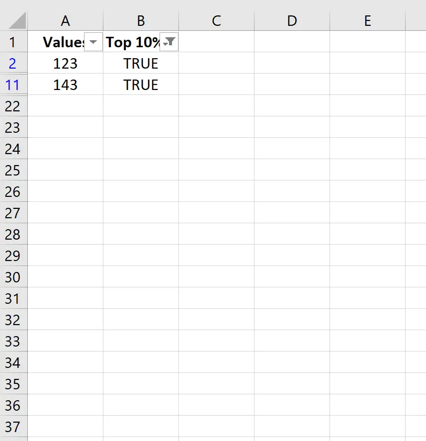 Valores entre os 10% melhores no Excel
