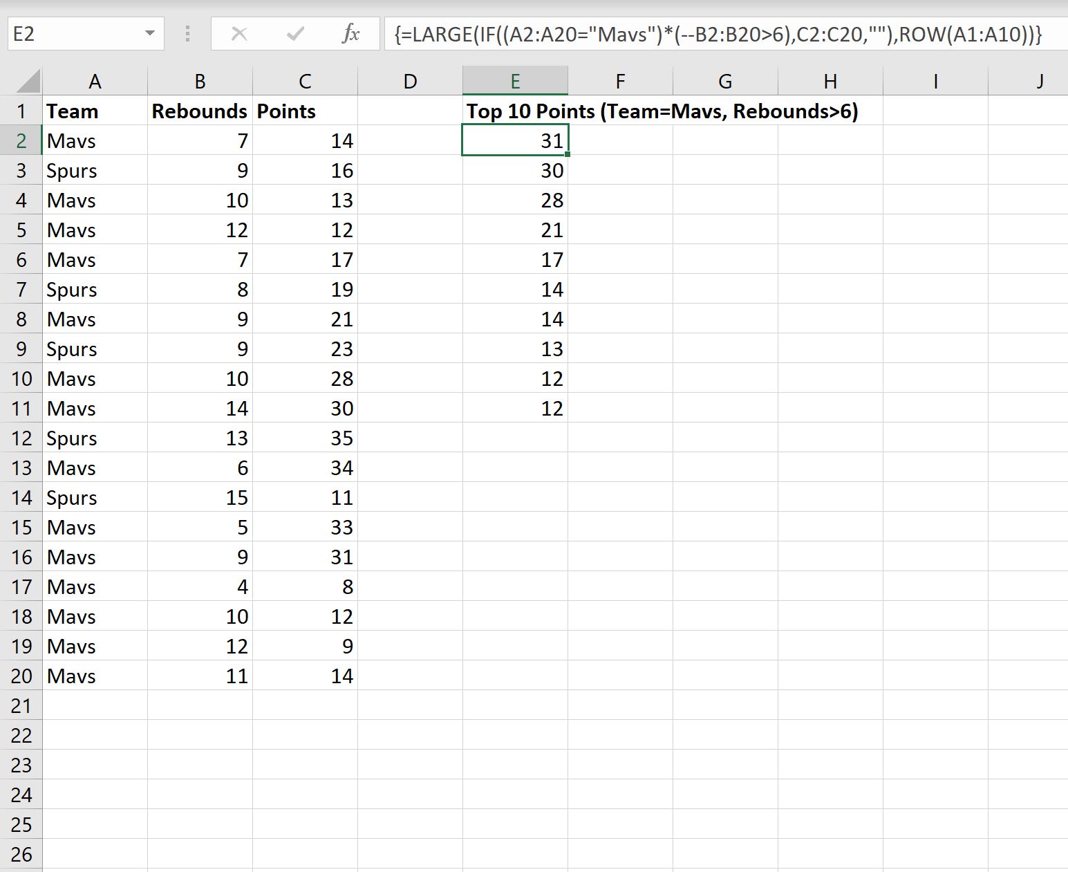 Top 10 do Excel com base em vários critérios