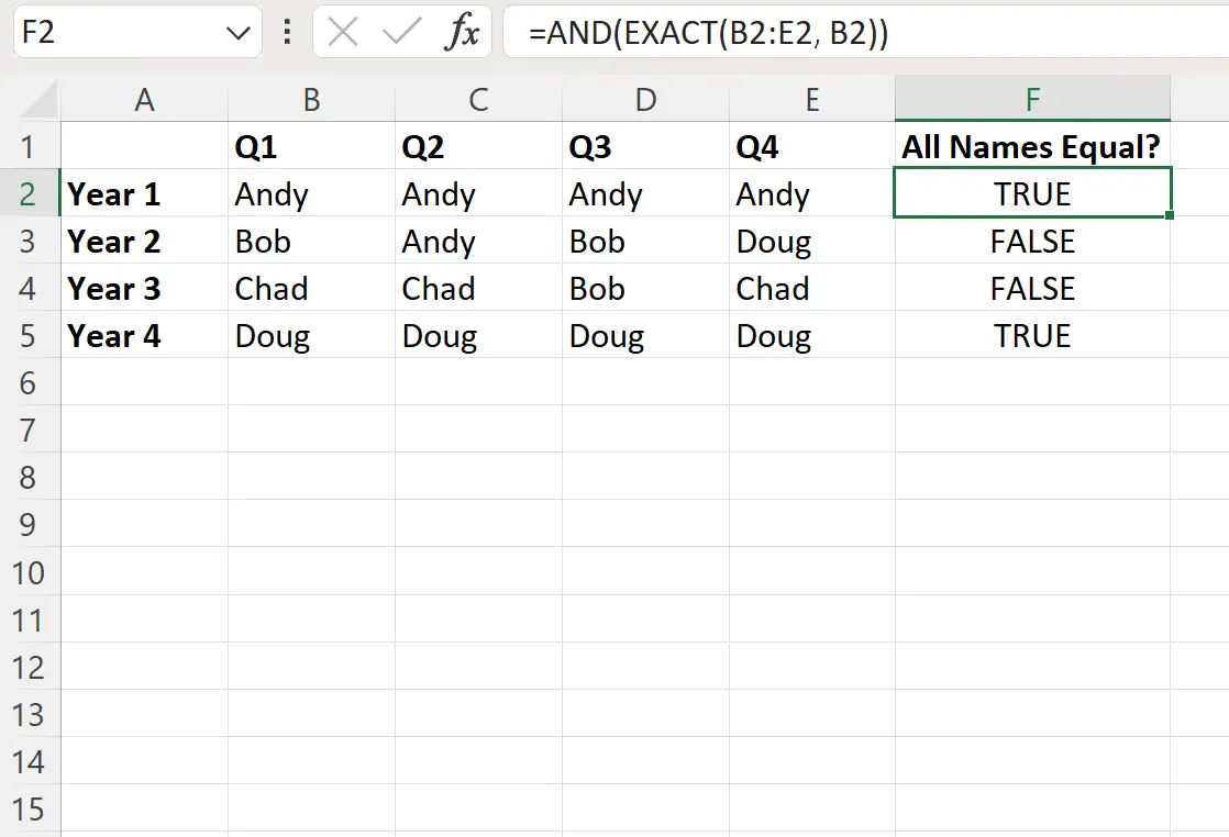 Excel memeriksa apakah semua nilai dalam satu baris sama