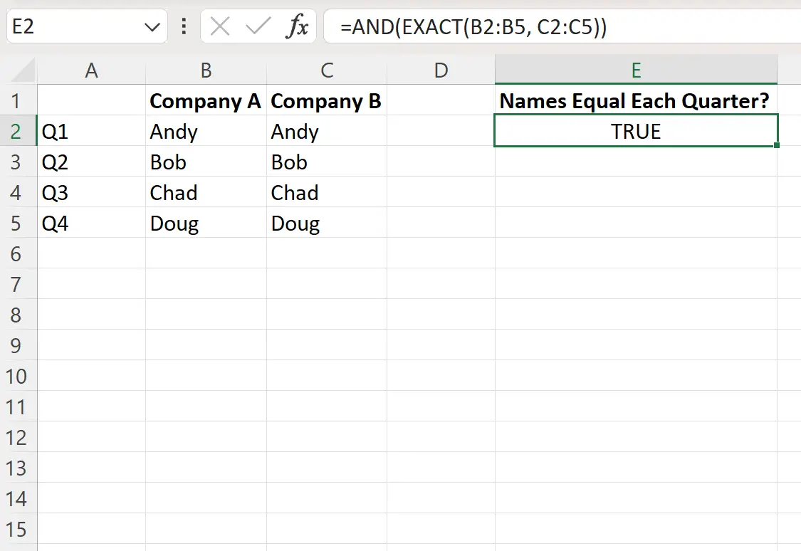 Excel memeriksa apakah semua nilai antara dua rentang adalah sama