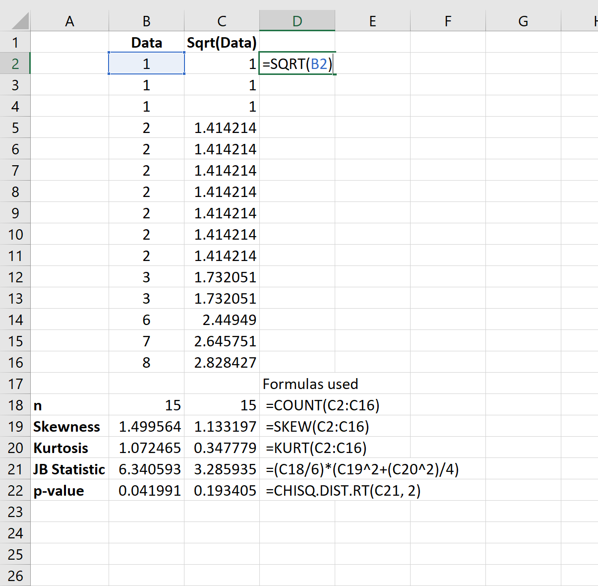 Transformação de raiz quadrada no Excel