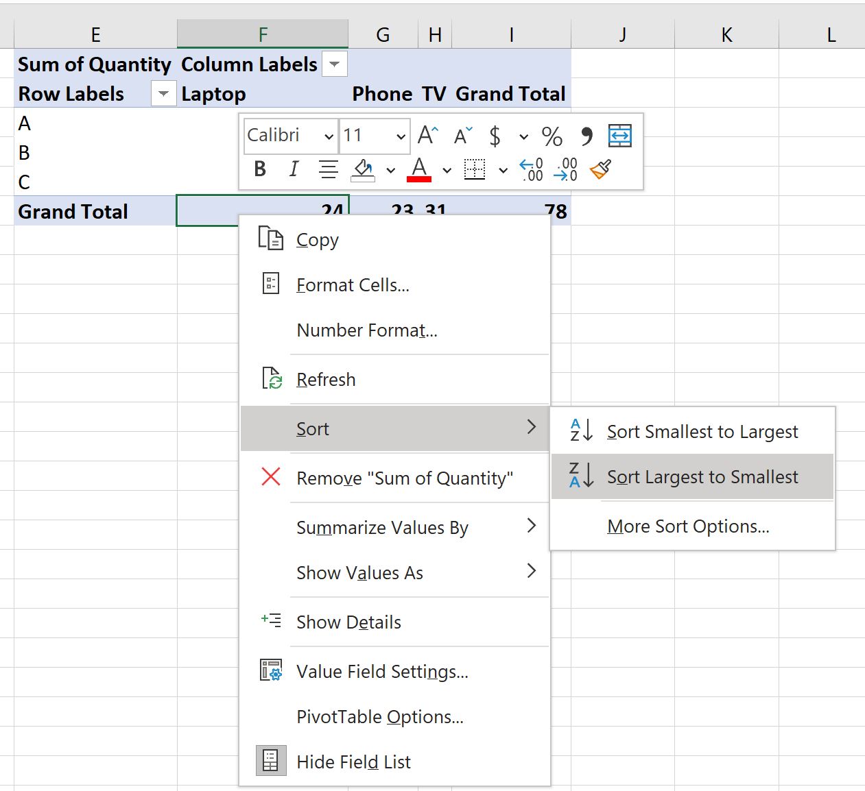 Excel ordina la tabella pivot in base al totale complessivo