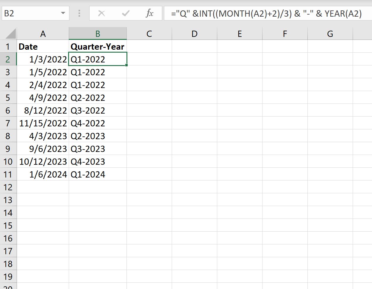 Excel で日付を四半期と年に変換する
