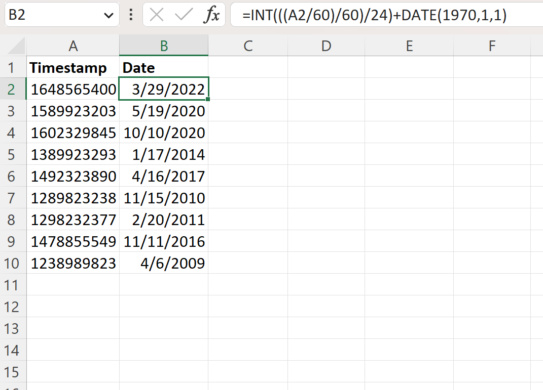 Excel converte carimbo de data/hora UNIX em data