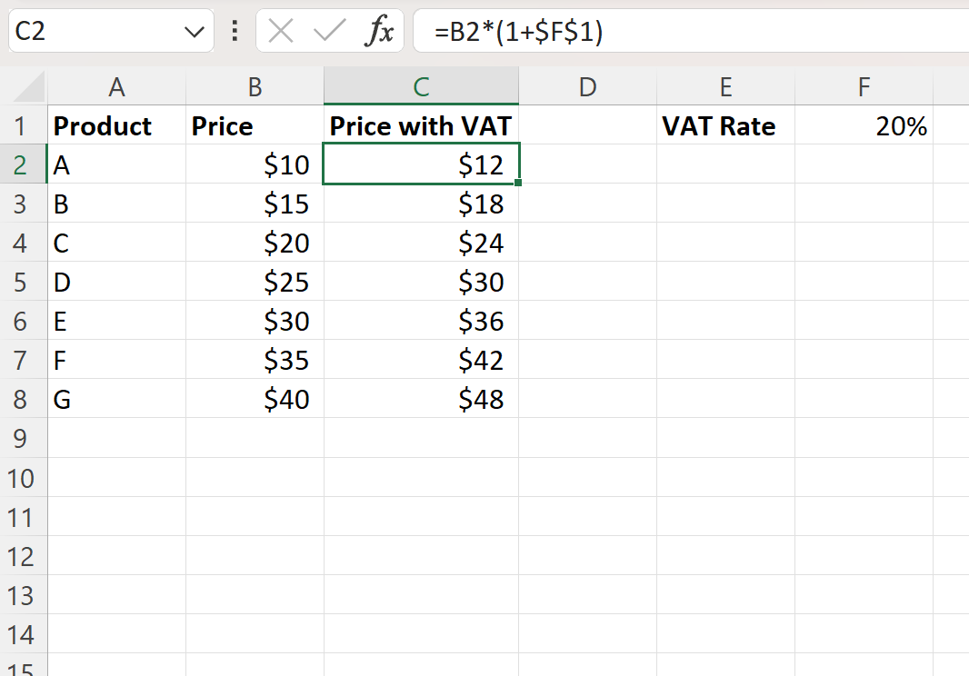 Excel aggiunge l'IVA al prezzo