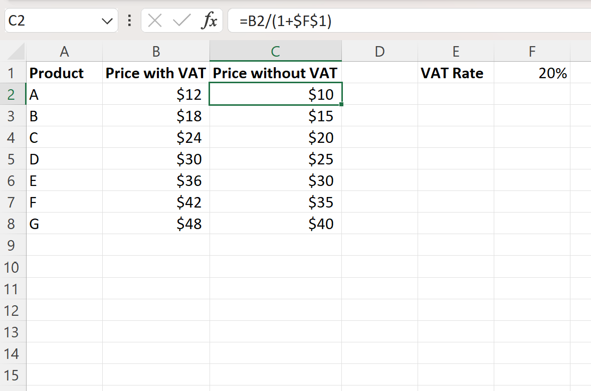 Excel remove IVA do preço