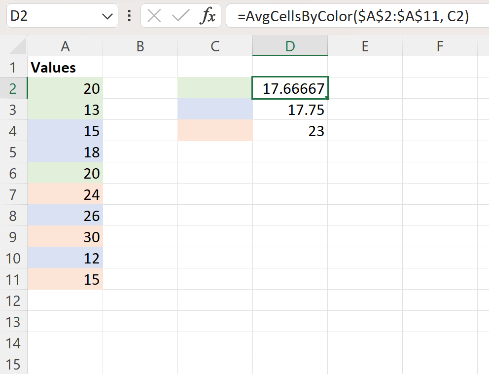 Media di Excel per colore