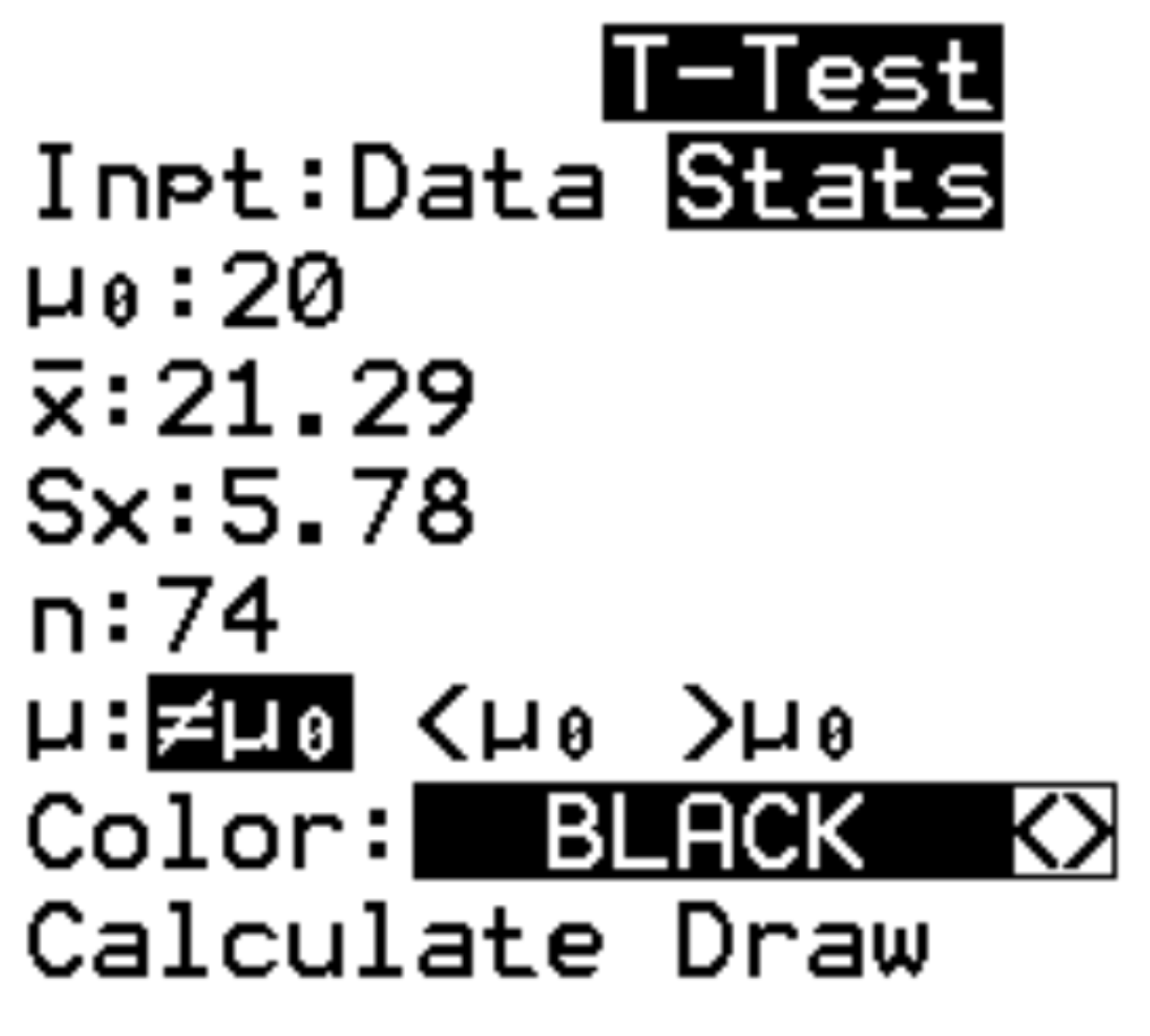 Um exemplo de teste t com estatísticas na TI-84